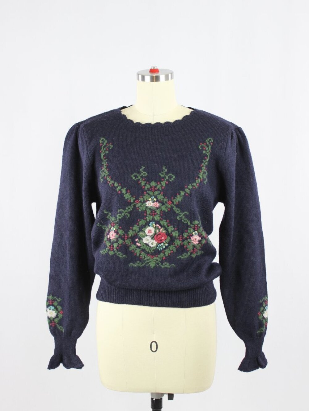 Vintage 90's HERMAN GEIST Navy Blue Knit Hand Embroidered Floral Sweater, Size S